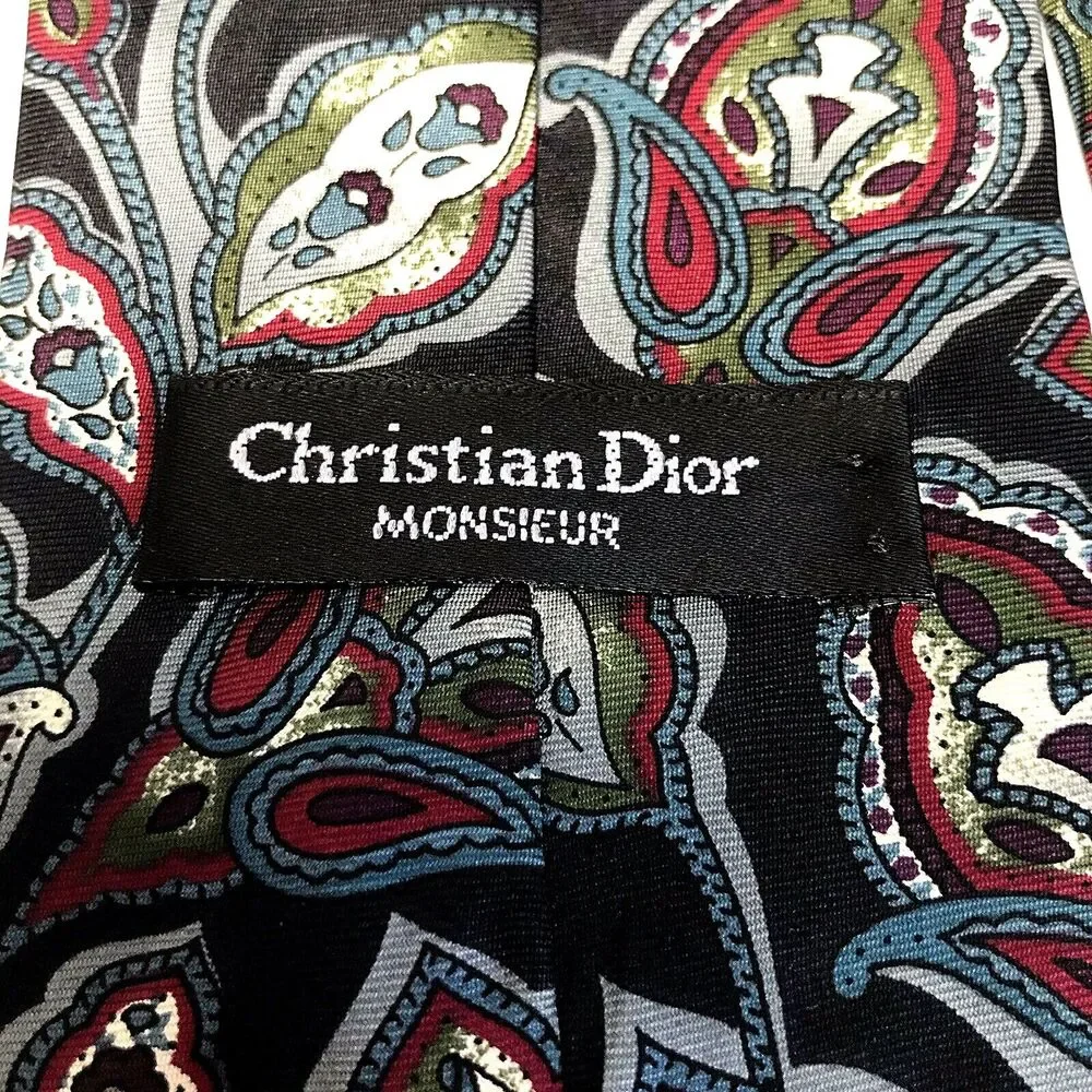 Christian Dior Tie Vintage Monsieur Leaf Paisley Floral Silk Black Red Blue Prep